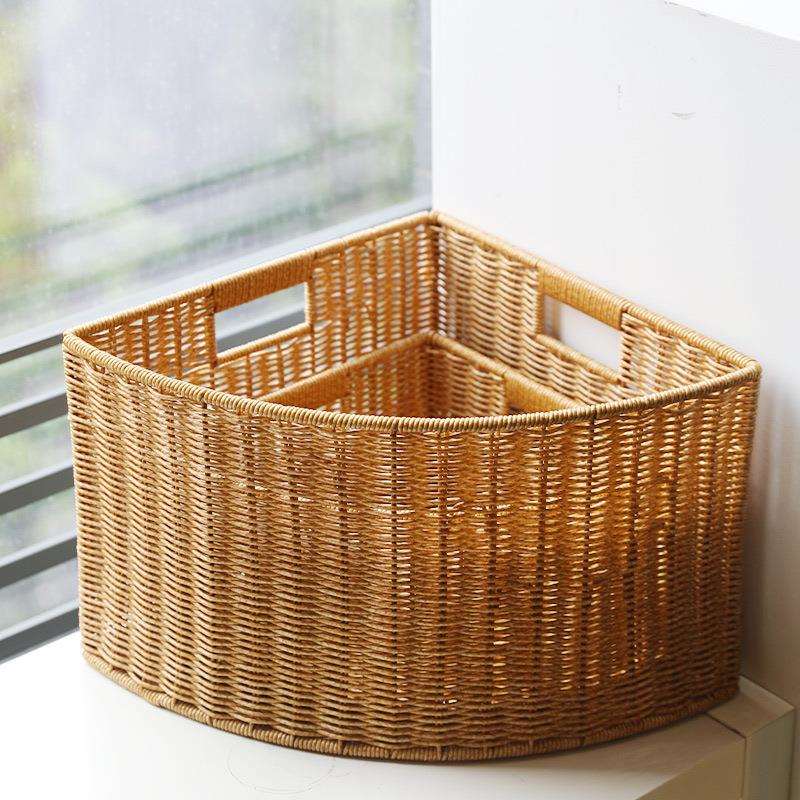 扇形角落收纳筐仿藤编织客厅玄关转角储物篮缝隙三角收纳盒
