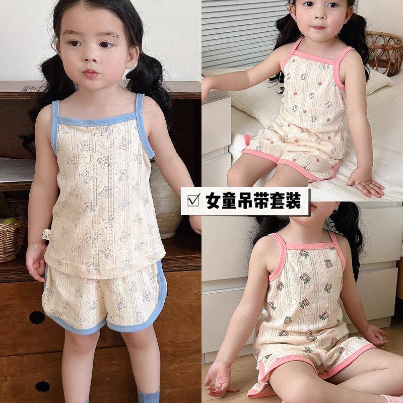 夏季薄款儿5童睡2衣20纯a类女童吊带短裤套装宝宝家居衣棉服GMQ背