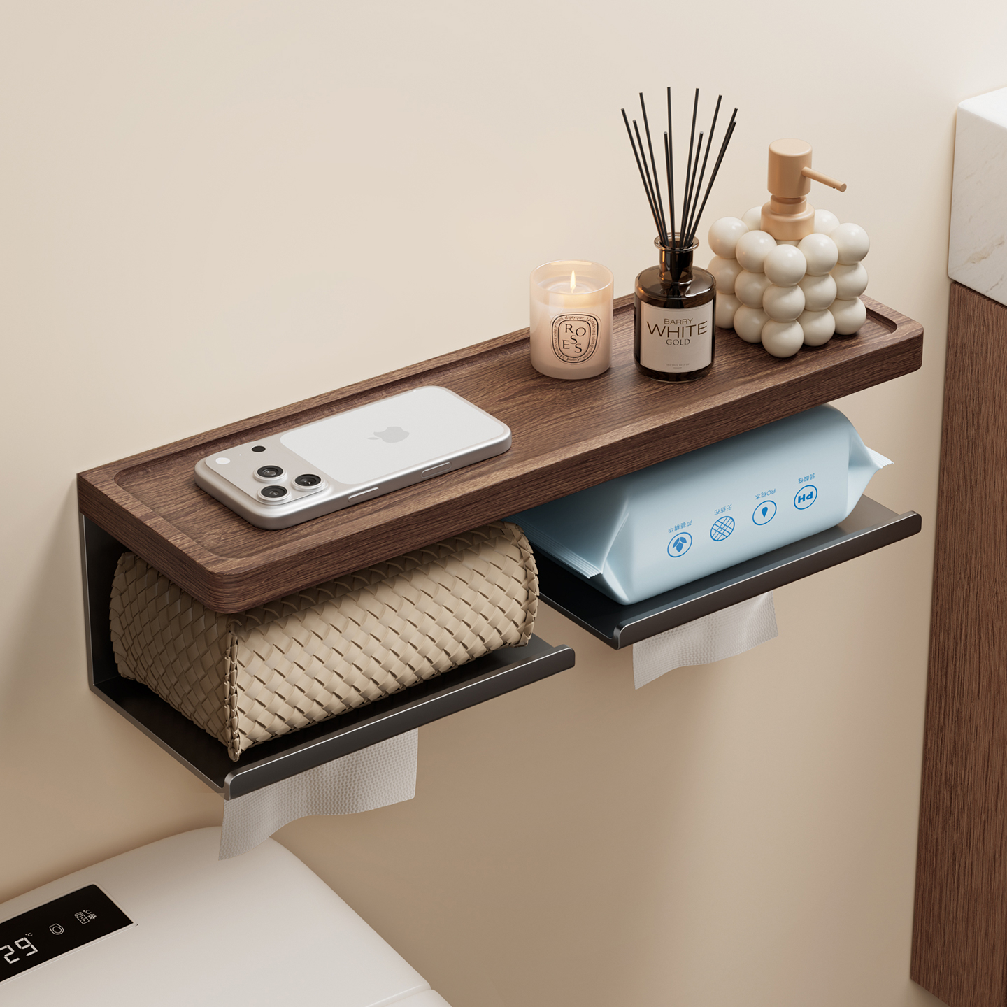 潜水艇胡桃木卫生间厕纸盒厕所壁挂抽纸卷纸盒洗手间免打孔置物架