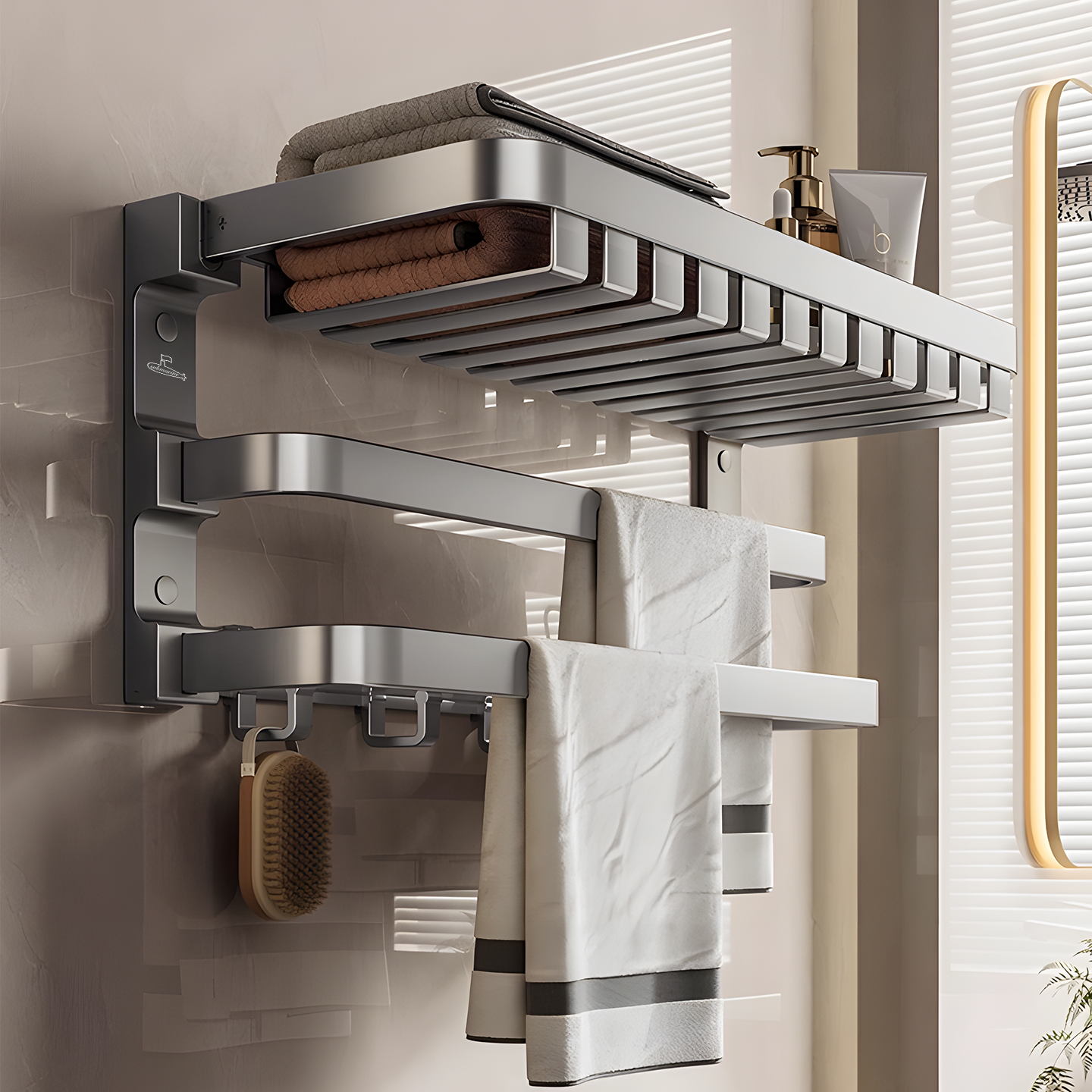 潜水艇毛巾架免打孔浴巾架浴室折叠置物架套装枪灰卫生间厕所架子