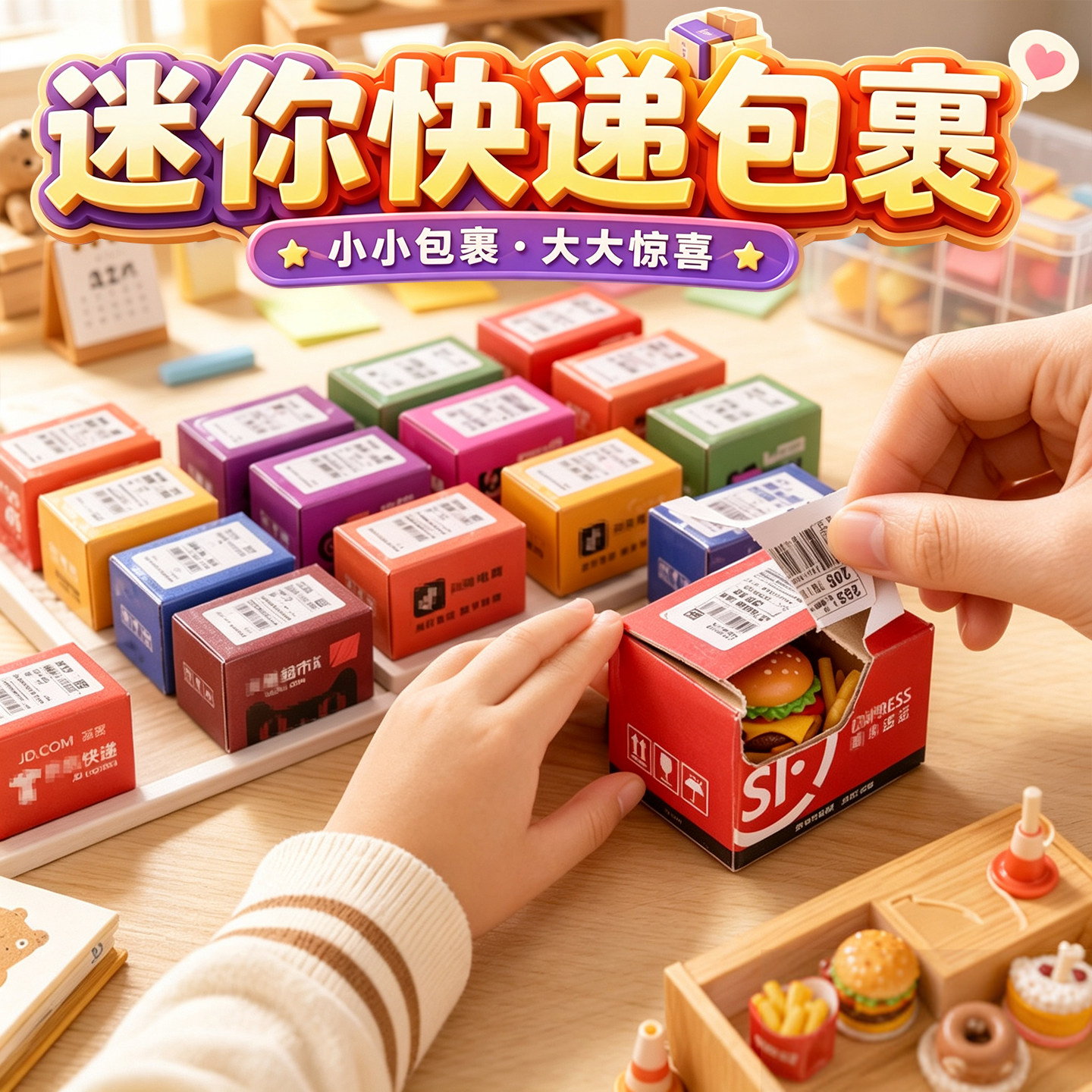 儿童迷你小快递箱盲盒包裹玩具仿真食玩超市场景微缩模型盲袋摆件