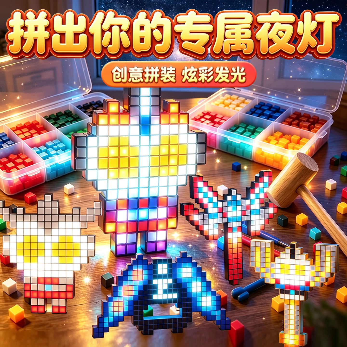 奥特战士夜光敲豆豆玩具男孩手工diy大号模版像素全套工具敲敲乐