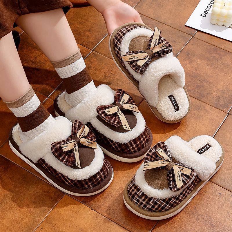 毛绒棉拖鞋女士冬季2025新款家居室内保暖防滑成人蝴蝶结可爱棉拖