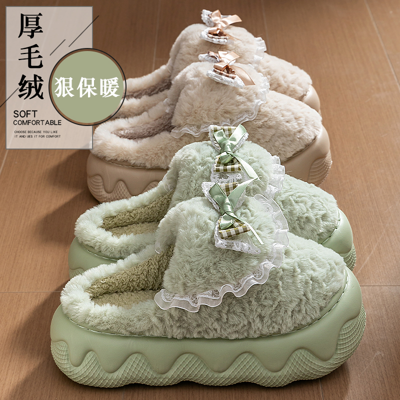 棉拖鞋女士冬季蝴蝶结厚底增高加绒保暖防滑居家可爱甜美软底舒适