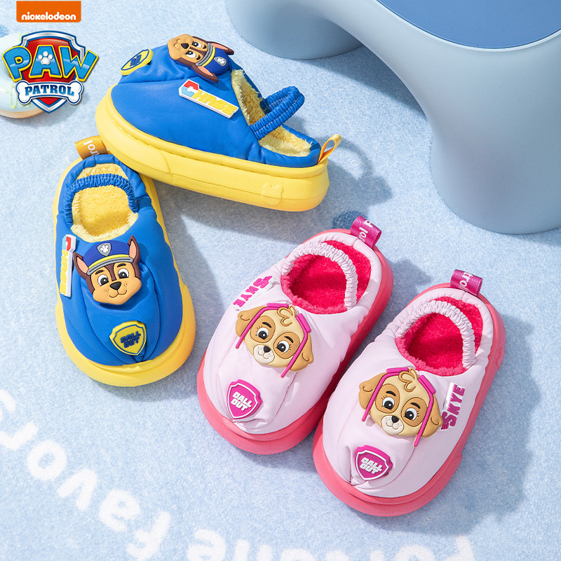 汪汪队儿童冬季棉拖鞋防滑防水卡通加绒宝宝棉鞋小童后跟带毛拖鞋
