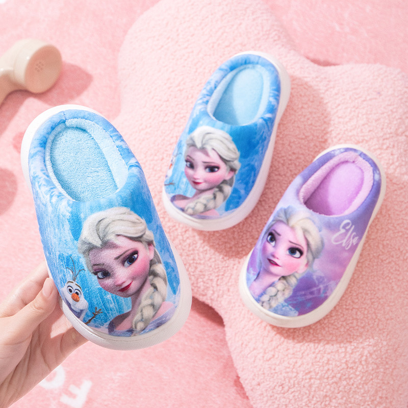 冰雪奇缘冬季加绒女童棉拖鞋中大童可爱防滑儿童室内新款毛毛拖鞋