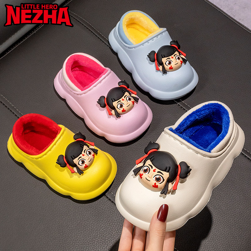 哪吒儿童棉鞋冬季男童室内防滑防水踩屎感包跟亲子可爱居家棉拖鞋