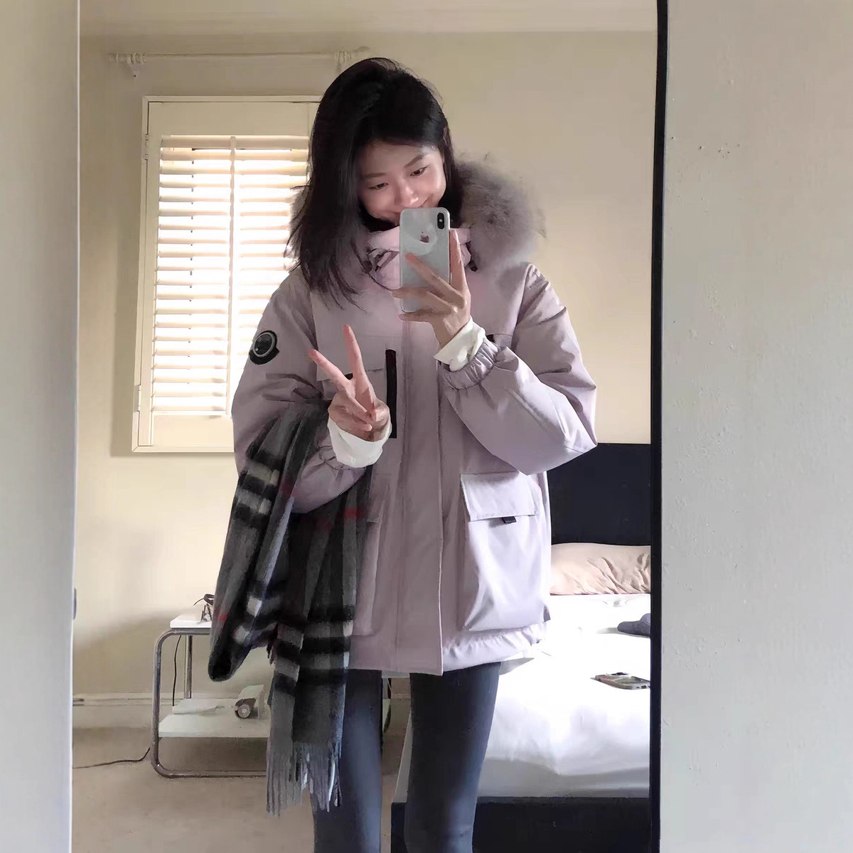 2025年新款爆款冰晶紫大毛领工装派克羽绒服女白鸭绒小个子外套潮