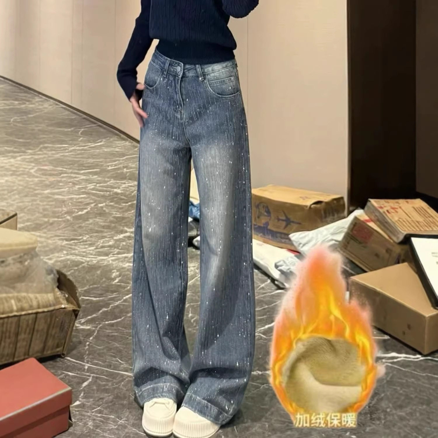 春季小个子美式烫钻直筒牛仔裤女高腰宽松显瘦阔腿拖地