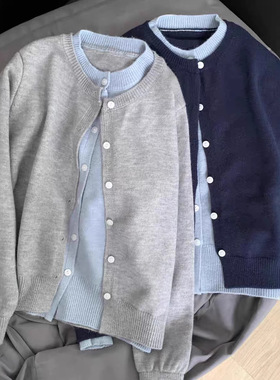 韩系软糯拼接撞色假两件灰色针织开衫外套女秋季休闲外搭毛衣上衣