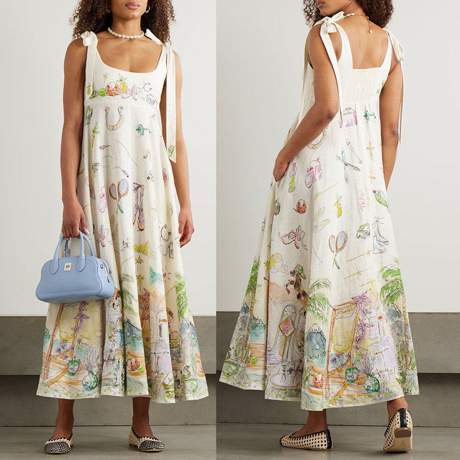 Lace up linen positioning printed dress
