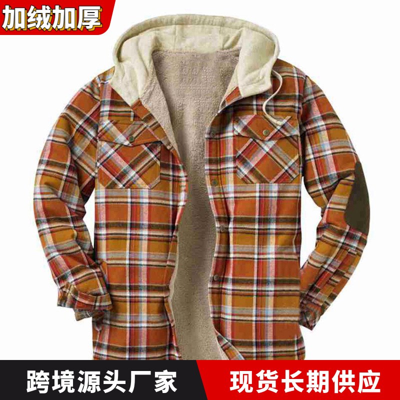 男装秋冬款格子印花连帽衬衫长袖夹克 外套 Men's thickened