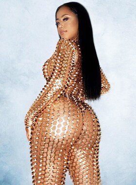 Outfit Club Wear Gold Silver Black Decoration Fit Type连体裤