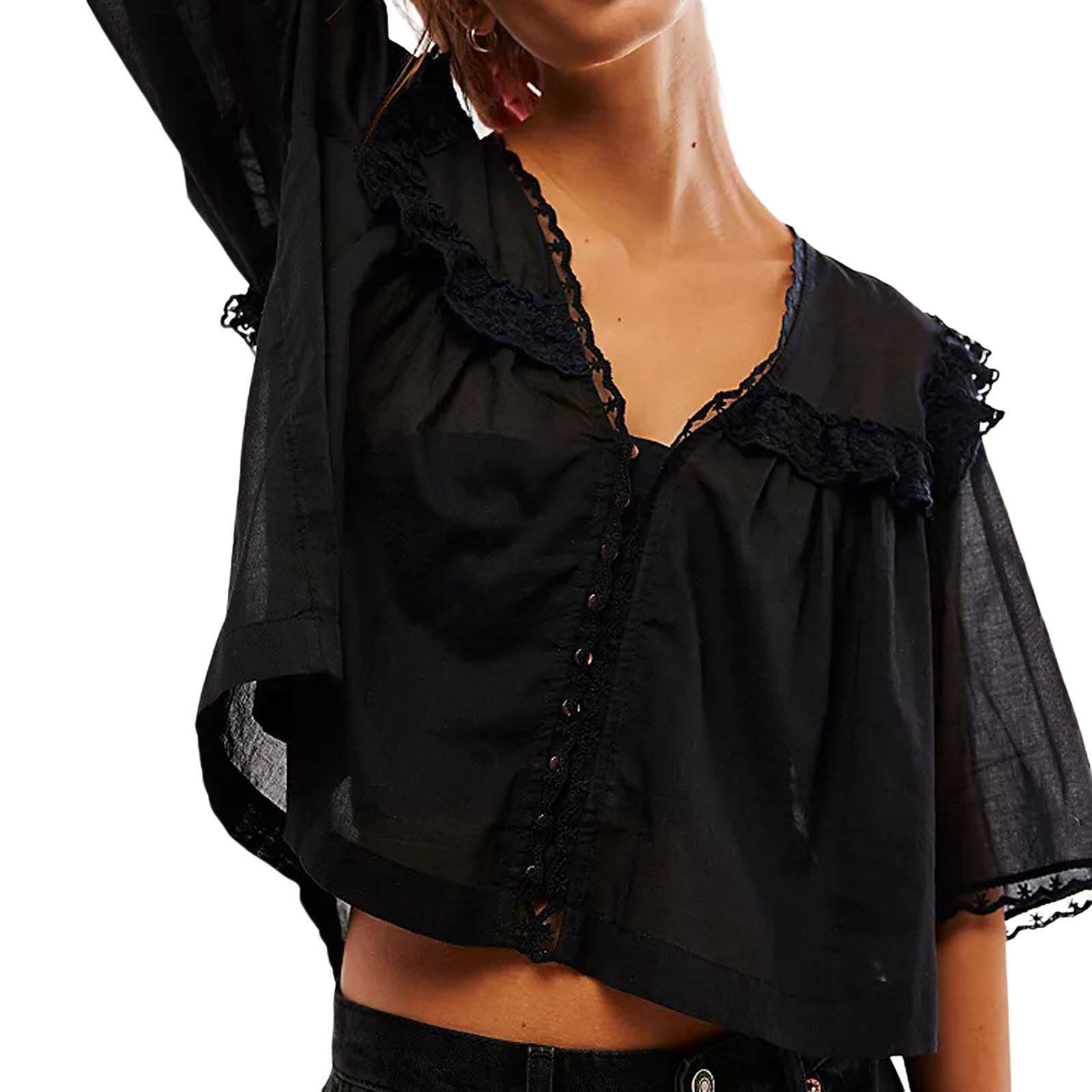 Solid color loose lace pleated top for women