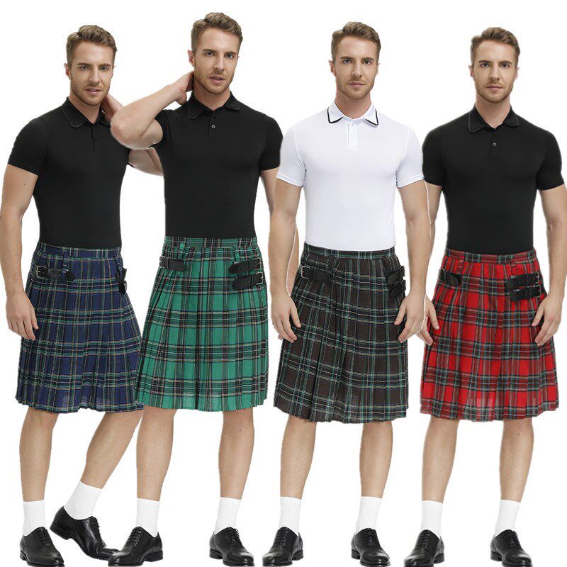 Men's fashion Plaid pleated skirt bar work beer suit男装裙子