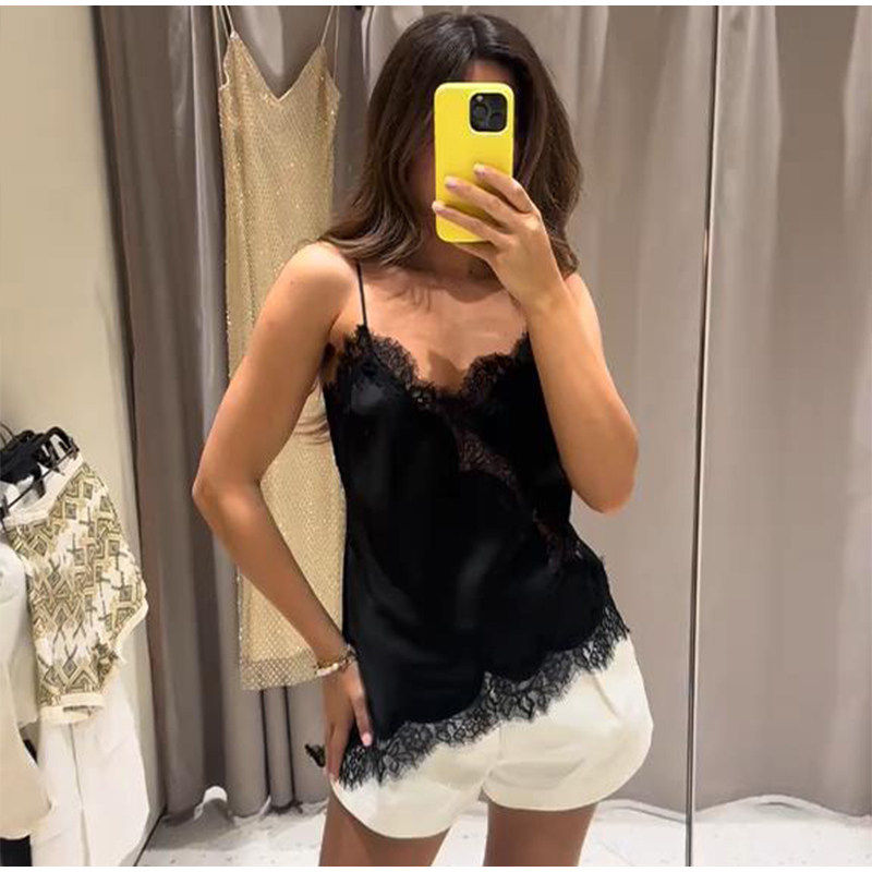 Sexy Lace Sling Tops Women Loose V Backless See Through Top