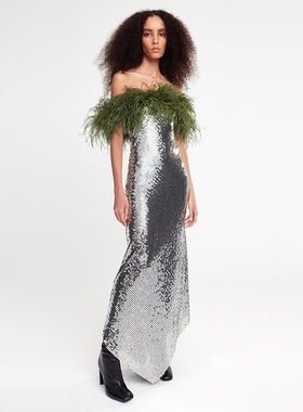 Glitter Silver Sequins Dress Women Feather Long Party Dress