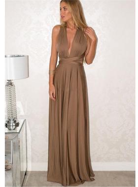 过渡性感ZONE多种穿法绑带连衣裙晚礼服高贵葡萄紫色拖地伴娘长裙