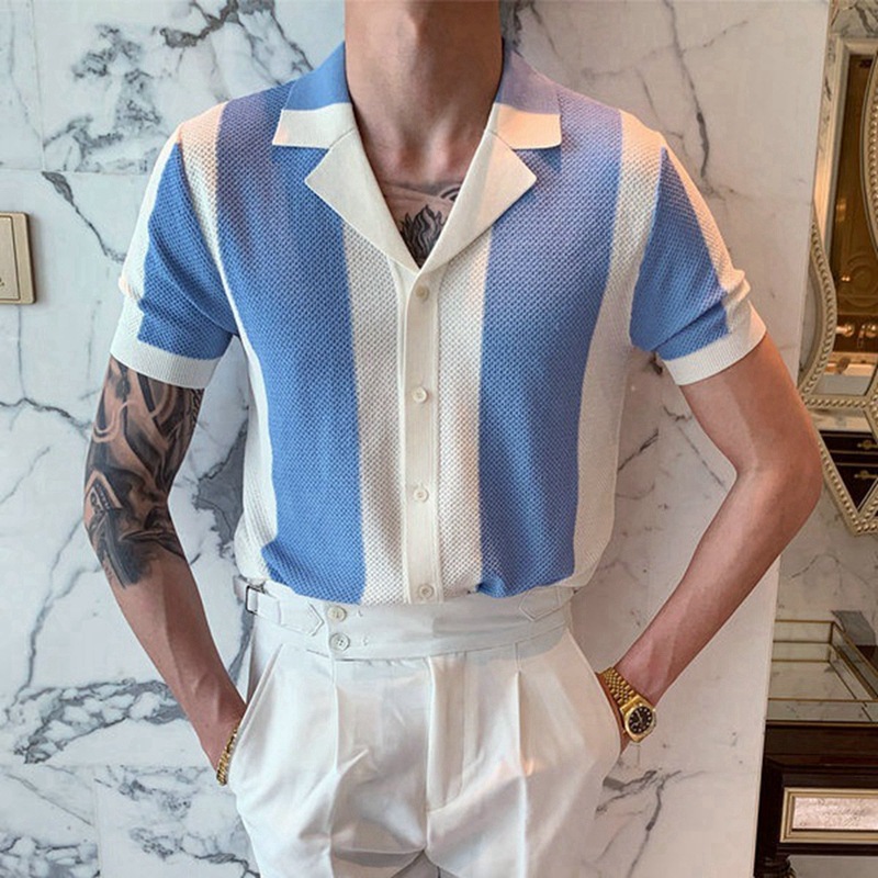 男装夏季衬衫针织衫蓝色短袖修身商务POLO衫Summer knitted shirt