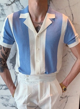 男装夏季衬衫针织衫蓝色短袖修身商务POLO衫Summer knitted shirt