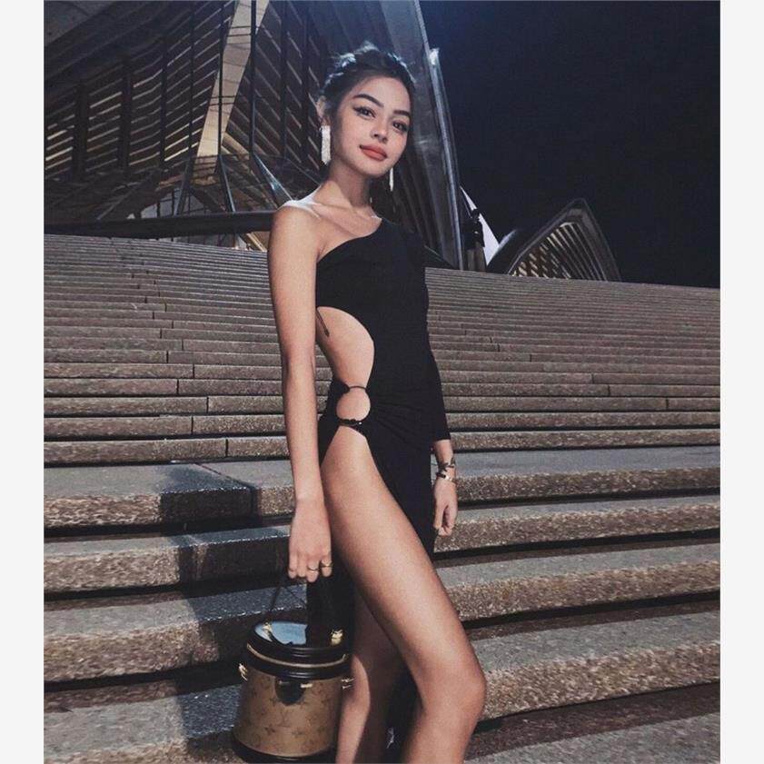 欧美夜店风单肩长袖圆环