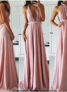 欧美款性感吊带多种穿法绑带连衣裙晚礼服高贵葡萄紫色拖地伴娘裙