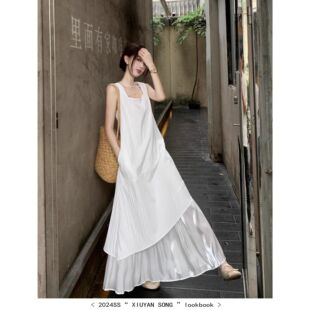 2025蓝色无袖 气质感海边度假长裙 背心连衣裙女夏季 法式