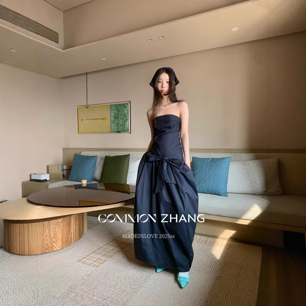 CZ ZHANG秋高腰系带束腰蝴蝶结纯色a字抹胸连衣裙宴会礼服B16292