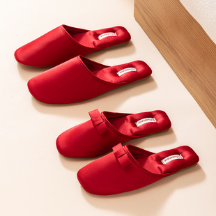 高级感红色一对男女情侣款 棉拖鞋 新娘新郎喜庆保暖毛 冬季 结婚拖鞋
