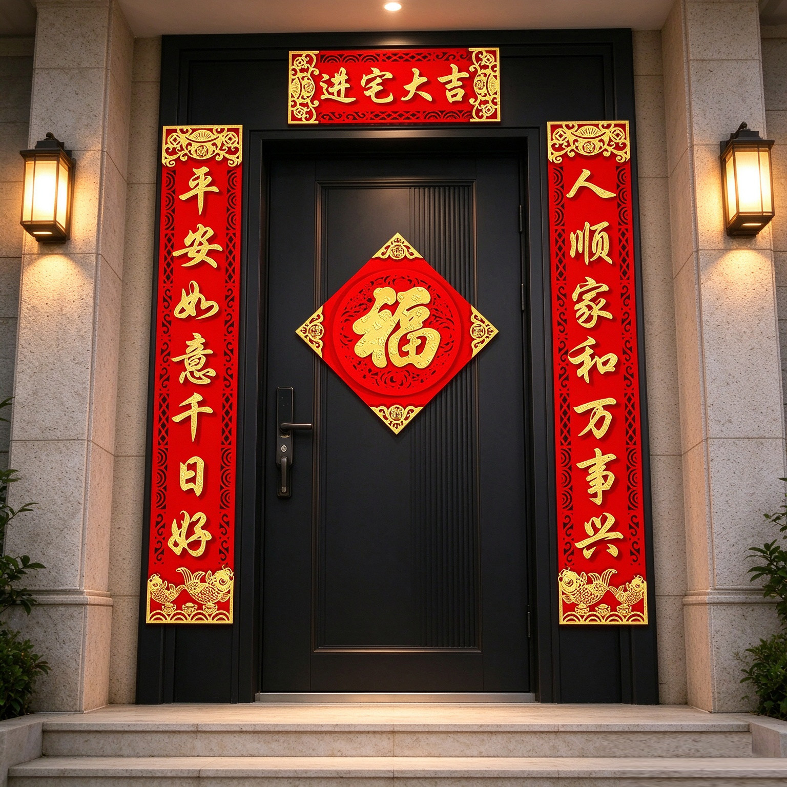 乔迁新居入门对联2026新款别墅大尺寸绒布进宅大吉搬新家门贴用品