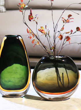 超厚轻奢琉璃花瓶玻璃装饰客厅酒柜玄关酒店森林黄昏摆件餐桌花器