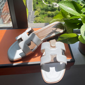 h拖鞋 女夏时尚 外穿真皮平底一字韩版 2026新款 百搭沙滩旅游h凉鞋 子