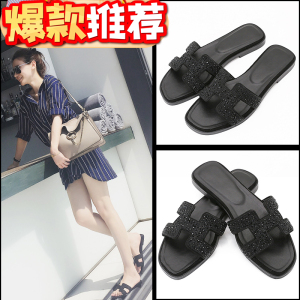 2024春夏新款女式h拖鞋水钻真皮平底跟一字网红时尚外穿H沙滩凉鞋