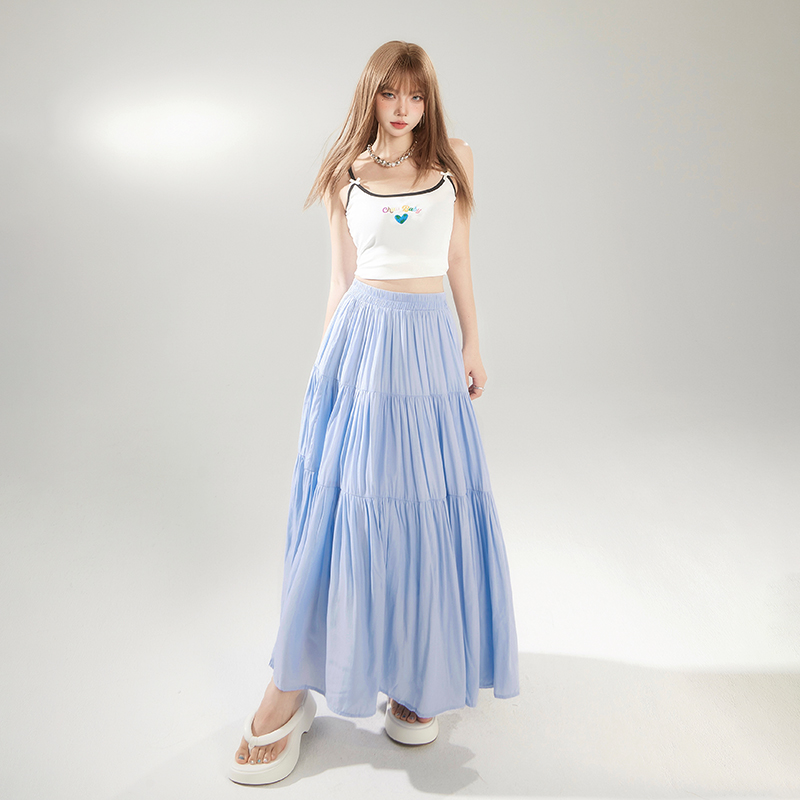YC&3色糖果色甜美百褶裙a字裙百搭高腰半身裙长裙春夏温柔休闲裙