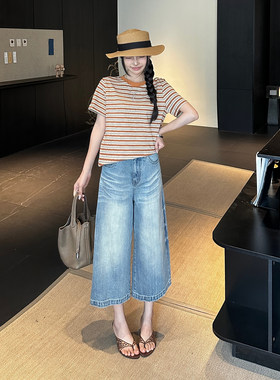 YC&美式水洗复古宽松高腰宽松七分裤百搭春夏猫纹直筒牛仔裤女