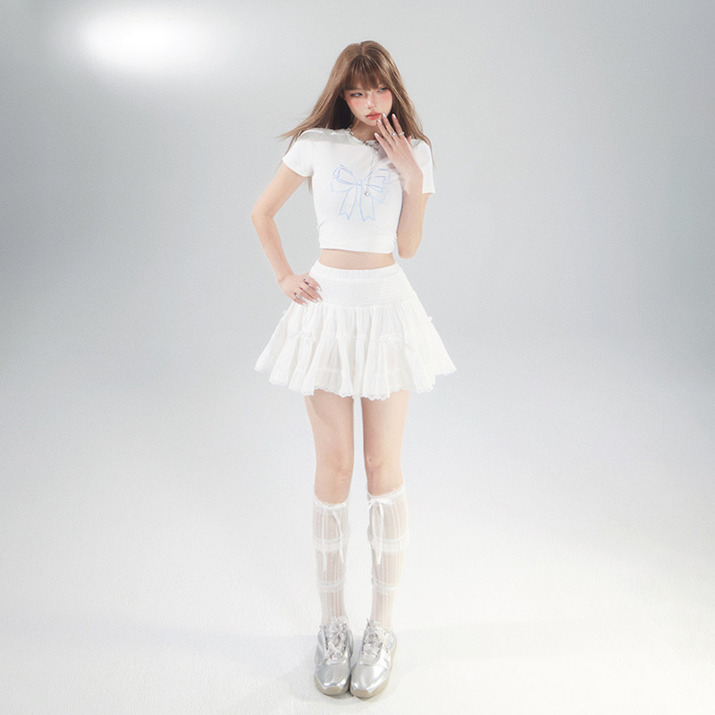 YC&复古高腰蓬蓬裙蝴蝶结蛋糕裙百搭a字裙松紧腰甜美短裙半身裙