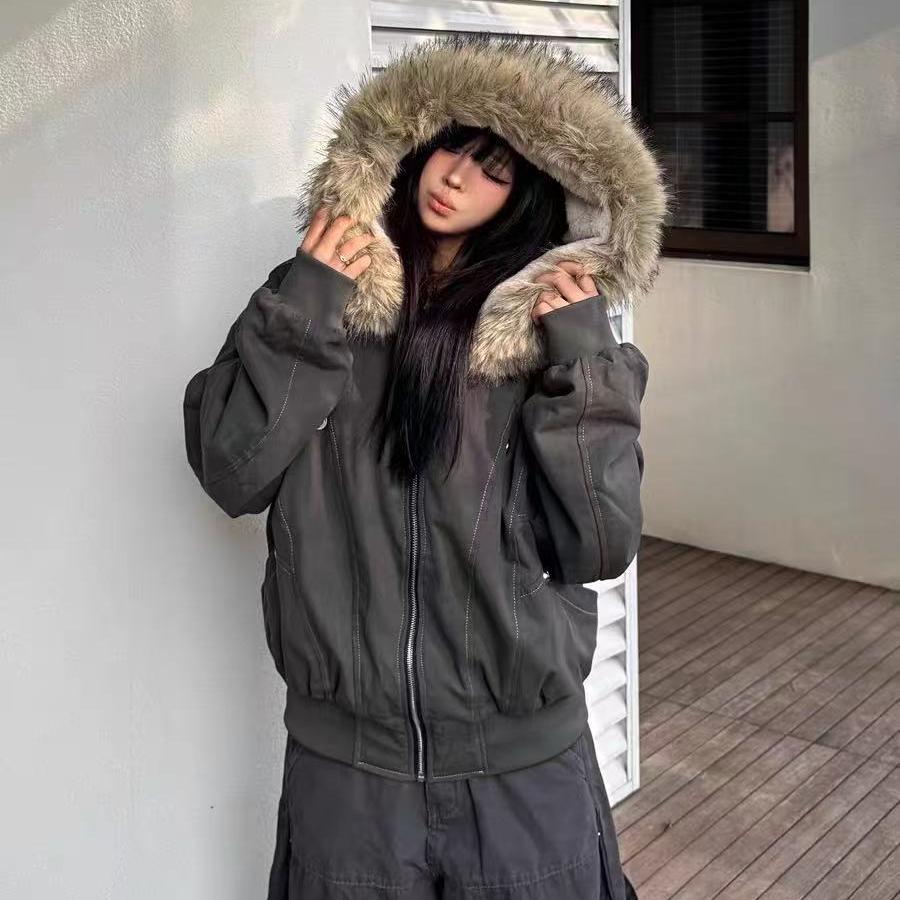 冬季新款派克服短款羽绒棉服女仿兔毛大毛领连帽棉衣外套美式复古