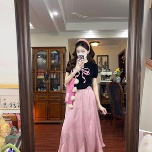巨好看粉色長裙簡約高智感連衣裙女夏2025新款 兩件套 今年流行爆款