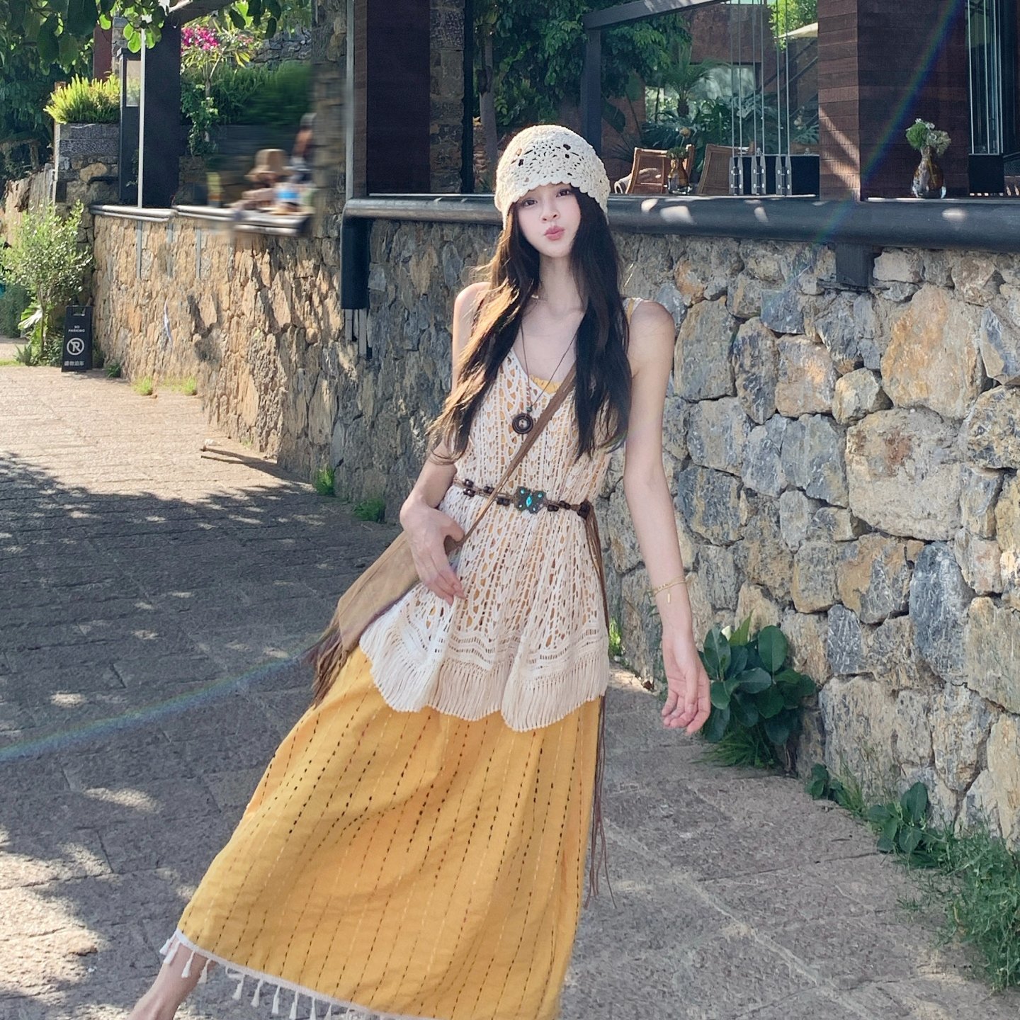 实拍 2025夏季新款波西米亚民族风镂空流苏开衫吊带连衣裙套装女