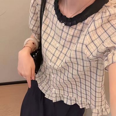 法式木耳边格子短袖衬衫女夏季2025新款独特漂亮掐腰小衫气质上衣