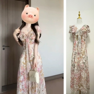 复古荷叶边碎花连衣裙女夏季 法式 高级感御姐海边度假开叉长裙子