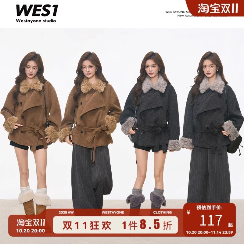 10.7新品 WESTAYONE毛领加厚毛呢大衣外套女士小个子高级+阔腿裤