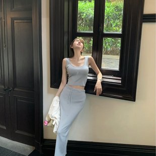 韩系搭配一整套女夏季 新款 纯欲气质休闲针织背心包臀半裙两件套装