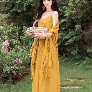 西西里柠檬味夏日南意大法度假仙气显摆连衣裙 语希实拍上新 披肩
