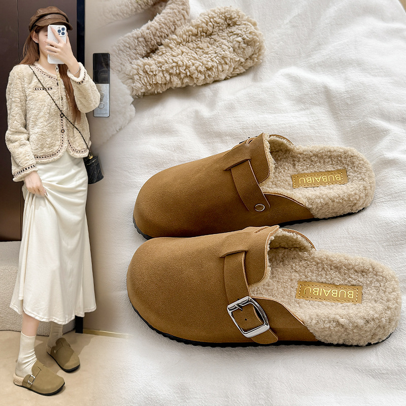 日本品质加绒勃肯鞋女秋冬2025新款厚底毛毛雪地棉拖孕妇一脚蹬包