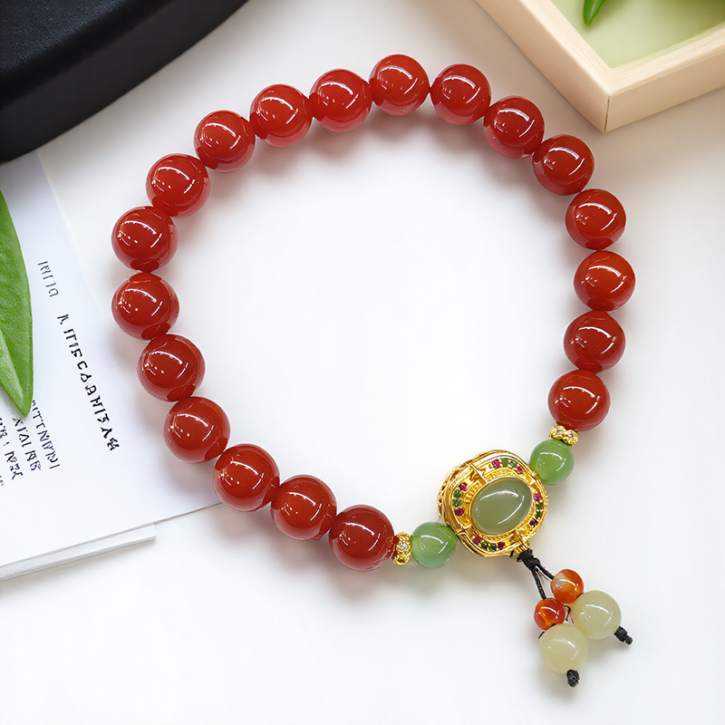 日本品质新款新中式国潮手链女生时尚气质复古南红玛瑙和田玉手串