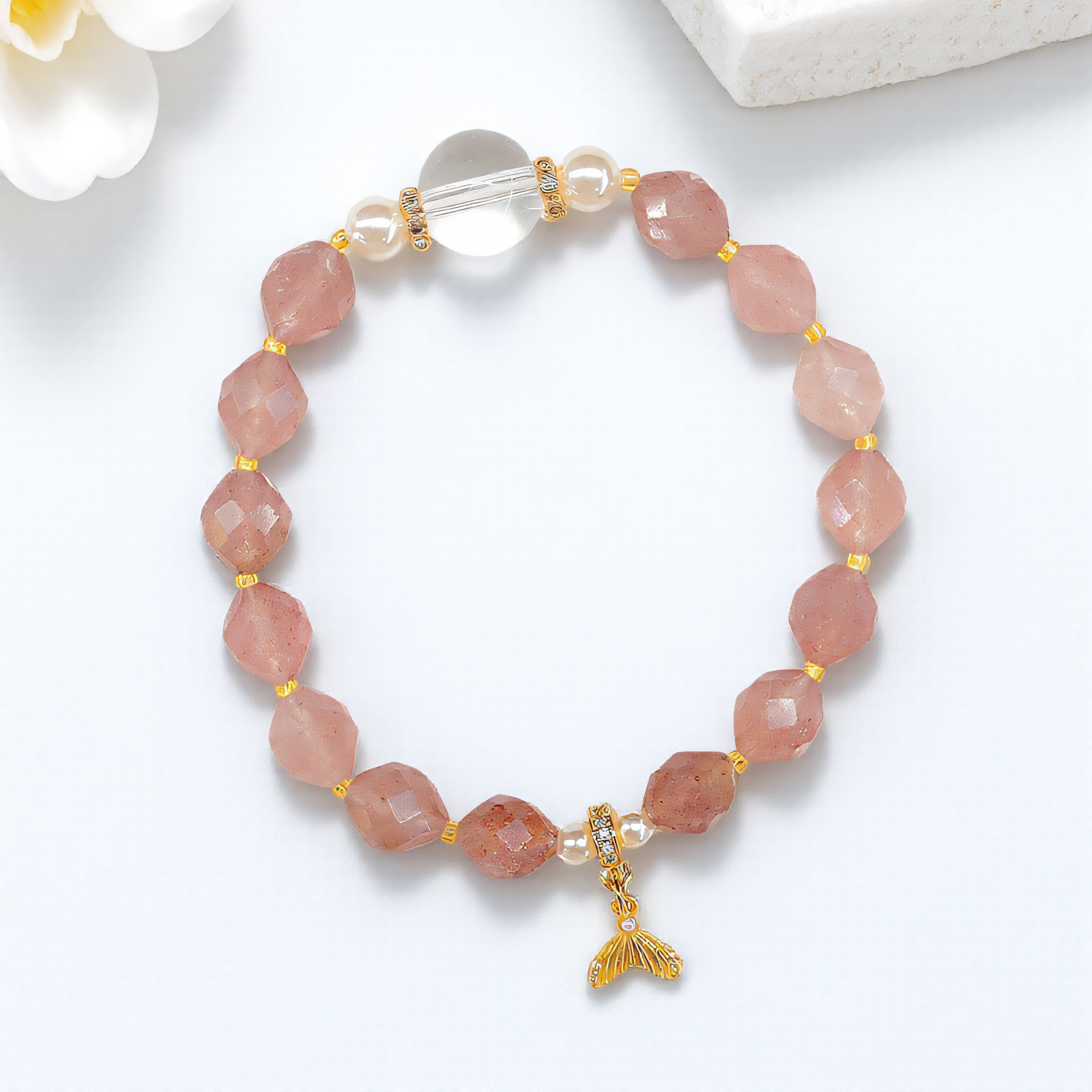 日本品质草莓晶美人鱼手串女貔貅好运粉色水晶宝石设计款手串手链