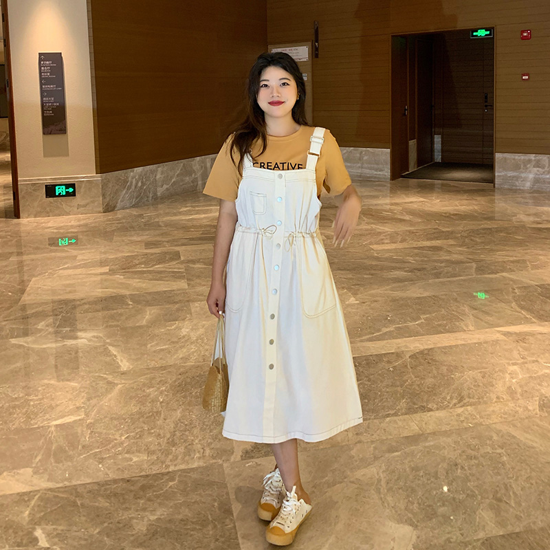 码带装胖mm夏装套装裙r子胖妹洋妹气牛仔背女裙显瘦连衣裙两件套
