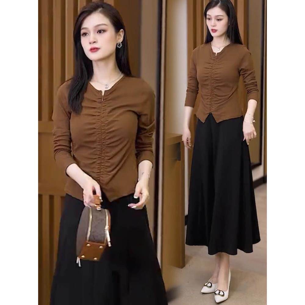 MONLOUVE设计感拉炼长袖T恤女修身弹力显瘦短款小衫2025春秋新款