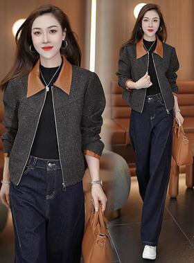 MONLOUVE时尚撞色翻领短外套女2025秋冬新款洋气休闲百搭加厚呢子